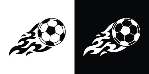 Soccer ball hitting the back of the net. Black and white graphic illustrating a goal moment. Perspective view of a successful strike for sports news, blogs, and football competition design. © bibin