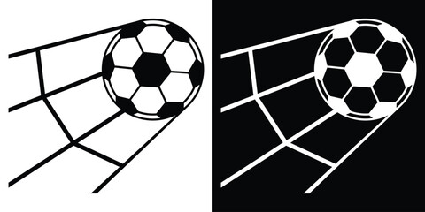Soccer ball hitting the back of the net. Black and white graphic illustrating a goal moment. Perspective view of a successful strike for sports news, blogs, and football competition design. © bibin