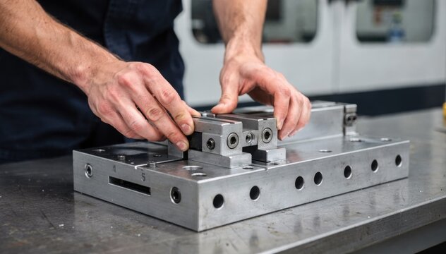 Medium shot capturing hands adjusting modular jaws in a tooling setup emphasizing versatile fixtures designed for quick changes and enhanced manufacturing flexibility.