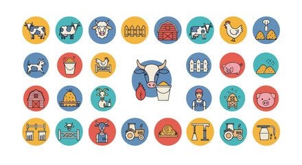 Farm Icons Set: Animals, Buildings, Tractor, Farmer, Food Production © dani