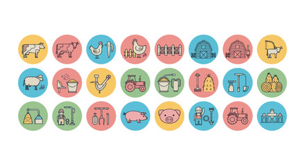 Farm Icons Set: Animals, Buildings, Tractor, Farmer, Milk, Eggs, Chicken, Cow, Pig © dani