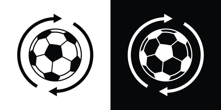 Soccer ball with circular refresh arrows. Sports update, game restart, or player substitution icon. Clean black and white vector design for sports apps and live football match tracking.
