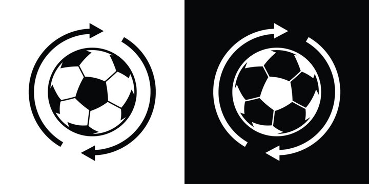 Soccer ball with circular refresh arrows. Sports update, game restart, or player substitution icon. Clean black and white vector design for sports apps and live football match tracking.