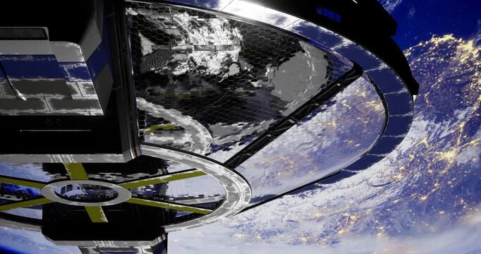 A futuristic space station hovers above Earth, showcasing a breathtaking view of the planets atmosphere and bright city lights at night while reflecting the beauty of the cosmos.