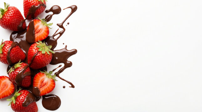 Fresh organic strawberries with liquid dark chocolate splashes and drips on the left edge of a white background with wide copy space