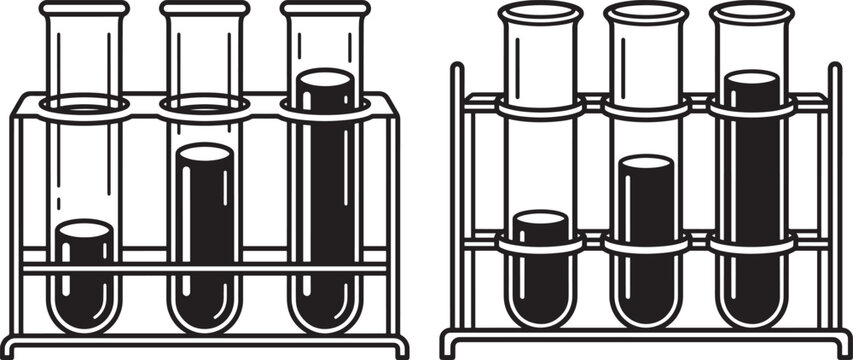 Scientific test tubes filled with liquid in metal racks, chemical laboratory equipment illustration