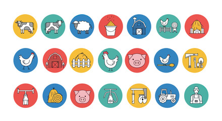 Farm Icons Set: Animals, Barns, Tractor, Farmer, Hay, Food & More © gintan