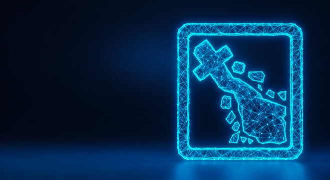 A glowing, futuristic map icon with a dot matrix design, floating on a dark, sleek background. Ideal for tech concepts.
