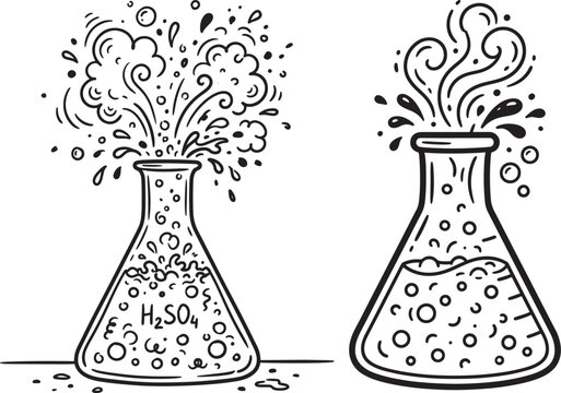 Hand drawn illustration of chemical flasks with bubbling acid reactions for science education