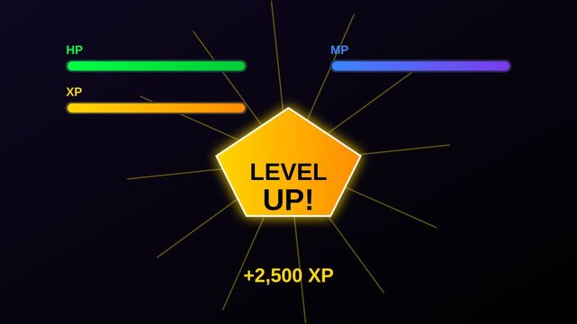 Level Up gaming animation with XP progress bars, glowing gold pentagon badge with plus 2,500 XP text, video game UI elements on dark background