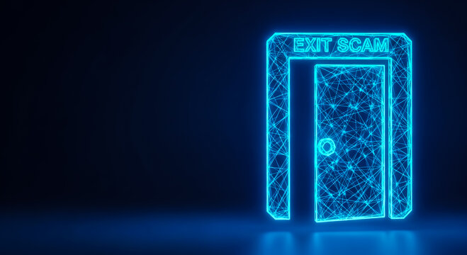 A glowing neon 'EXIT SCAM' sign above a futuristic digital door, symbolizing fraud or deception.
