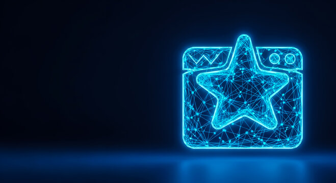 A futuristic star icon with a glowing effect, displayed on a digital interface with blue wireframe graphics and a sleek design.