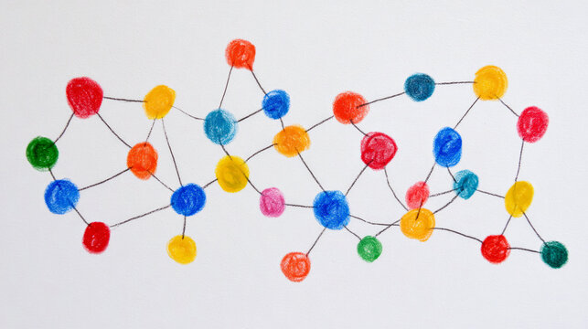 Hand drawn network scheme with connected colorful circles. Abstract social graph illustration representing interconnection and communication. Simple diagram for teamwork and structure concept.