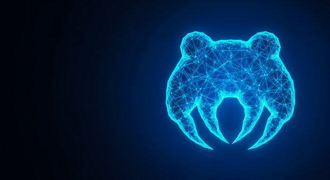 A glowing wireframe bear head in neon blue, set against a dark background, showcasing a futuristic and tech-inspired aesthetic.