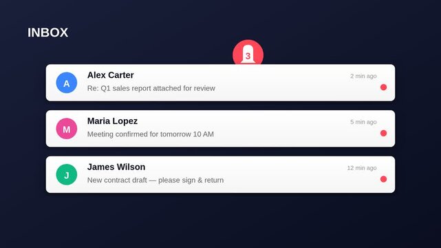 Email inbox interface animation, digital message notification list with 3 unread emails, modern business communication software UI design