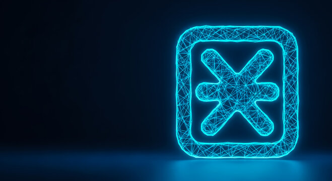 A close-up of a glowing blue square button with a white cross symbol on a dark background, representing cancellation or error.