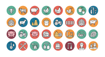 Farm Icons Set: Animals, Tractor, Barn, Equipment - Vector Illustration © jupri