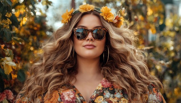 Portrait of a confident woman wearing sunglasses and floral attire standing among colorful flowers in a sunlit outdoor setting