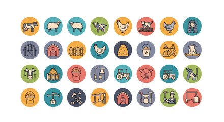 Farm Icons Set: Animals, Buildings, Equipment, and Farmer © jupri
