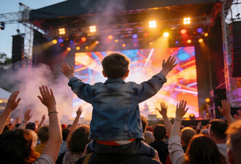 Fototapeta premium Excited boy sitting on fathers shoulders watching musical concert at sunset.