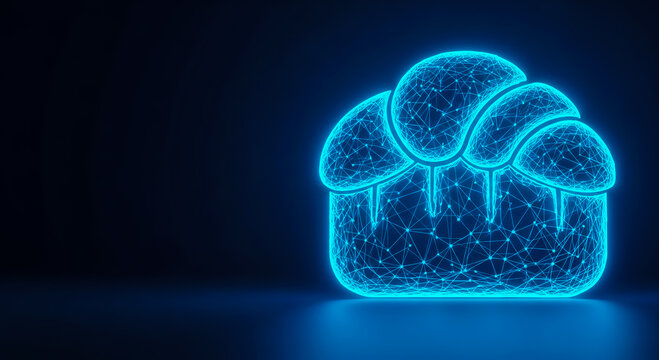 A neon blue cloud icon with intricate grid patterns on a dark background, symbolizing cloud services or data storage.