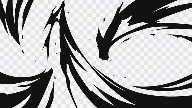 Abstract manga energy discharge effect with sharp flowing black streaks isolated on transparent background.