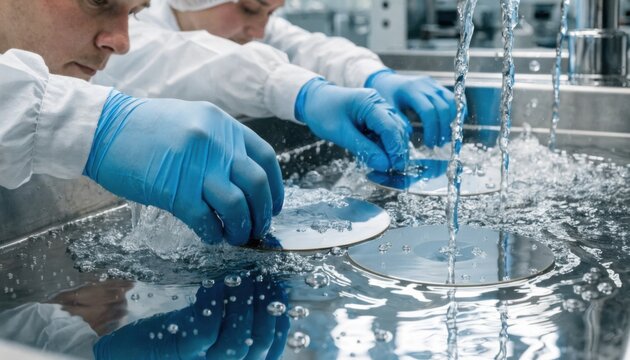 Closeup of workers rinsing wafers in DI water bath at wet bench emphasizing purity and precision in semiconductor manufacturing cleaning stages.