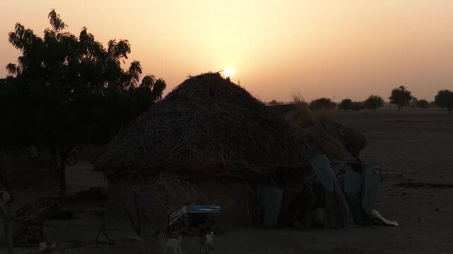 Drone view of traditional village house at sunset in Africa, April 25, 2026, Chad, N Djamena