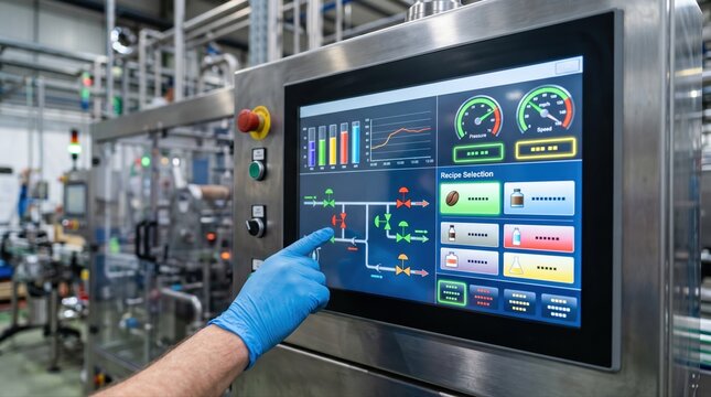 Medium shot of a touchscreen HMI control panel showing dynamic machine status updates and recipe selections in multiple languages for flexible industrial operation.