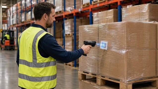 Medium shot capturing a warehouse worker scanning RFID pallet tags to optimize inventory management and streamline logistics processes in a busy distribution center.