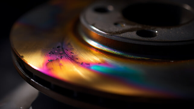 Close-up of a vibrant, iridescent metal surface exhibiting remarkable heat-induced discoloration and textured corrosion patterns, showcasing material wear