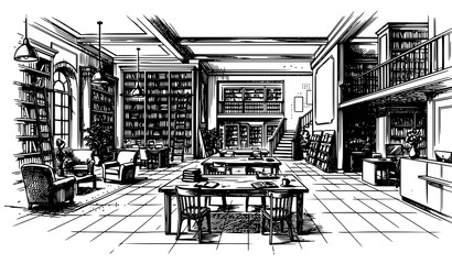 Vintage Library Interior Sketch Illustration Featuring Bookshelves Reading Tables Academic Architecture And Classic Study Room Design © Mehedi