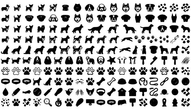 Pet And Dog Solid Icons Collection Featuring Paw Prints Bones Animal Accessories And Veterinary Care Symbols