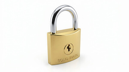 Naklejka premium Brass padlock with silver shackle on a white background security protection