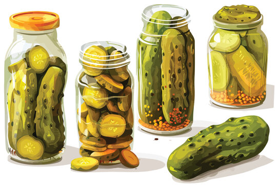 Different canned pickles in transparent jars isolated
