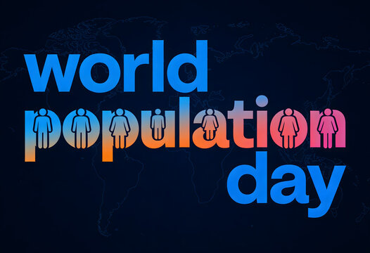 World population day banner with human silhouettes over global map background.