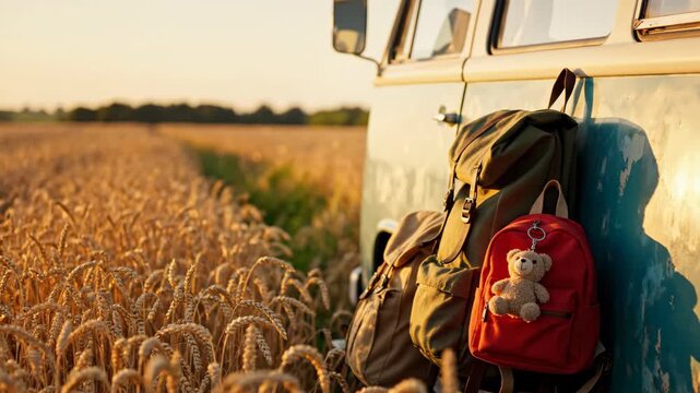 Camper van parked next to wheat field at sunset. Backpacks hanging on side including one with teddy bear. Rural adventure travel concept with vintage vehicle and outdoor gear