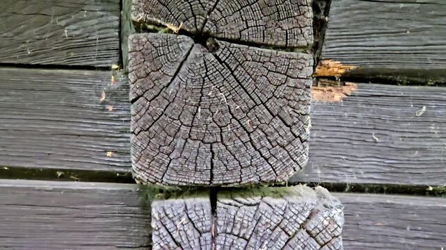 Close-up of weathered dark wooden log cabin wall with cracked timber texture and tree rings