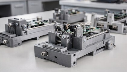 Fototapeta premium Closeup medium shot of rapidly fabricated jigs and fixtures used for electronic assembly highlighting precise 3D printed details and functional design.