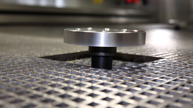 Close-up view of a metal perforated surface with a circular silver element, modern industrial texture, technology background, precise engineering