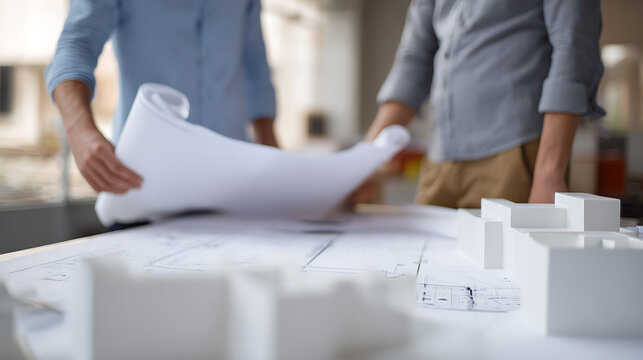 Professional architects collaborate on building plans and models, reviewing blueprints in a modern office workshop environment during project development