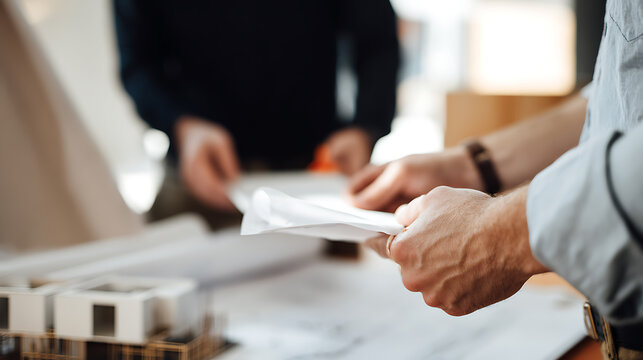 Professional hands unfold architectural blueprints, design plans, or important documents in a modern office, highlighting intricate details and collaborative work