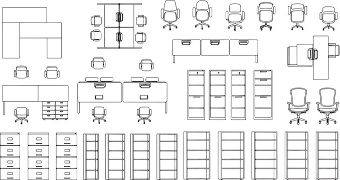 Office furniture top view set including desks chairs and storage cabinets for architectural floor plan design vector