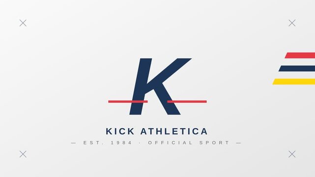 Kick Athletica sports logo animation, dynamic athletic branding motion graphic, navy blue and red letter K typography on white background