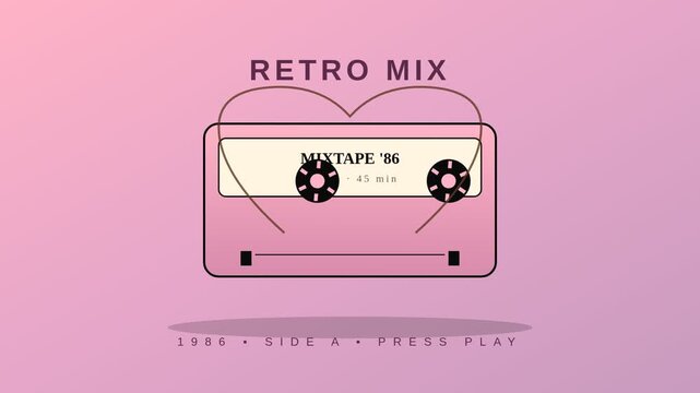 Retro mix cassette tape animation, vintage 80s mixtape with heart shaped magnetic film, pink aesthetic music background for nostalgic content