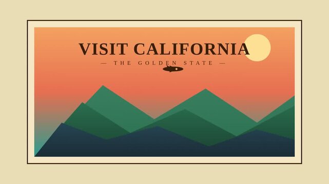 Vintage California travel postcard animation, retro sunset mountain landscape with blimp, nostalgic Golden State tourism graphic