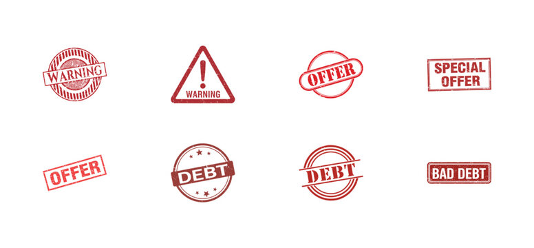 A collection of eight red stamps, including 'WARNING', 'OFFER', 'DEBT', and 'BAD DEBT' on a white background.