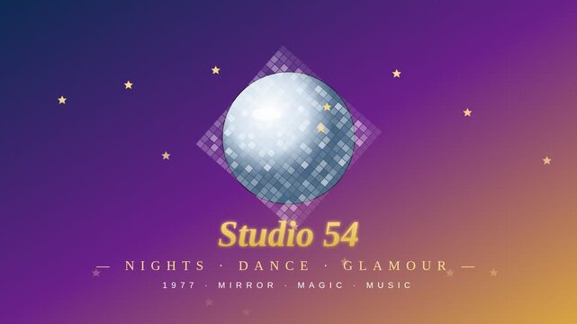 Retro disco ball animation with Studio 54 text, vintage 1977 nightlife aesthetic, sparkling mirror ball on purple and gold gradient background
