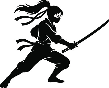 Female ninja warrior with sword in dynamic fighting stance