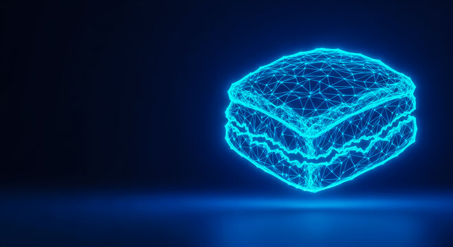 A futuristic glowing blue sandwich with a sleek, modern design, floating against a dark background.